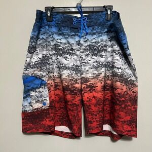 Columbia PFG Shorts 42X10 Performance Fishing Swim Trunks Digital Camo Red Blue